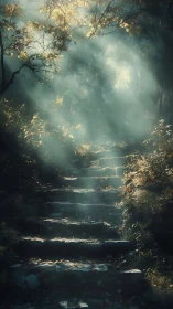 Stone forest steps leading into misty sunlit foliage.