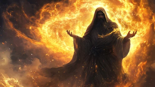 Flame-wreathed wizard gently shapes a swirling solar storm