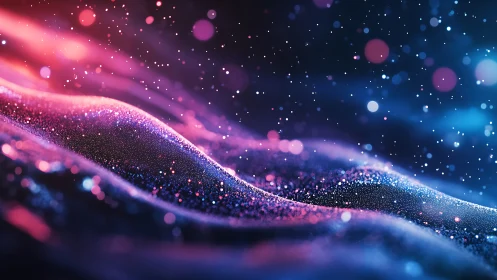 3D iridescent particle waves with neon depth-of-field rendering.