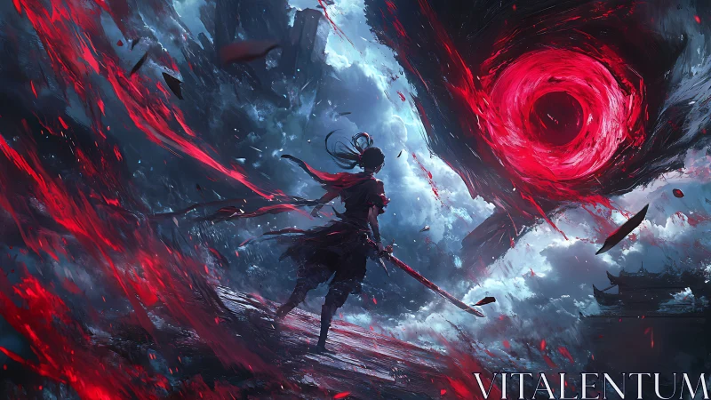 Samurai warrior confronting colossal crimson vortex portal