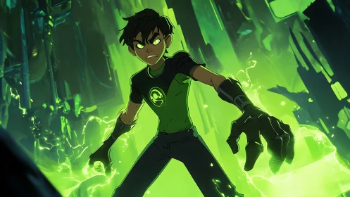 Emerald-powered teen hero charging energy in neon ruins.