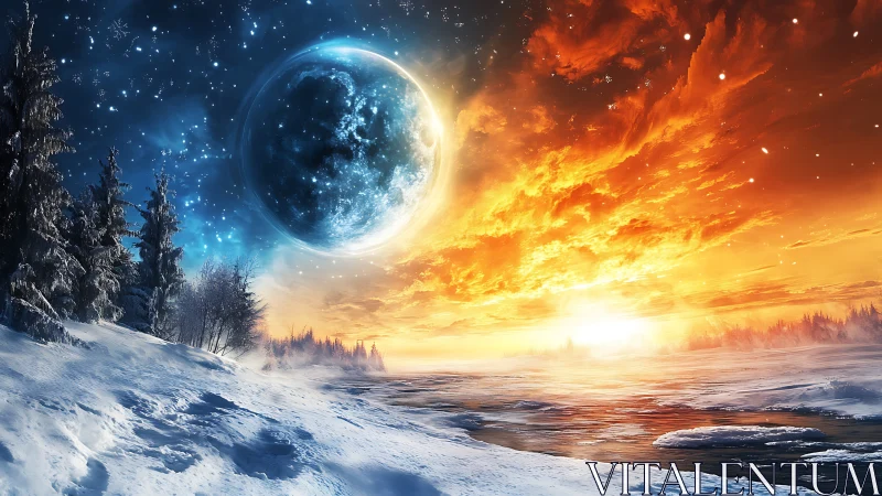 Frozen horizon splits between fiery dawn and cosmic night.