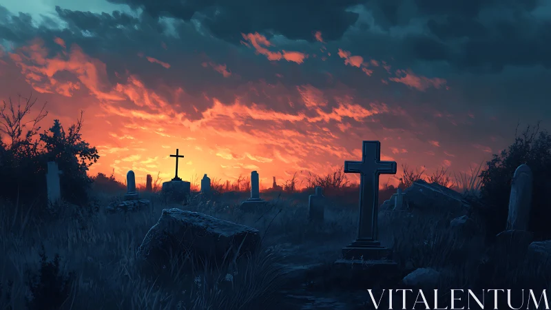 Graveyard silhouettes under red dusk sky and dark clouds.