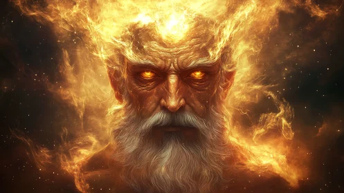 Cosmic fire god stares through galaxies of molten dusk.