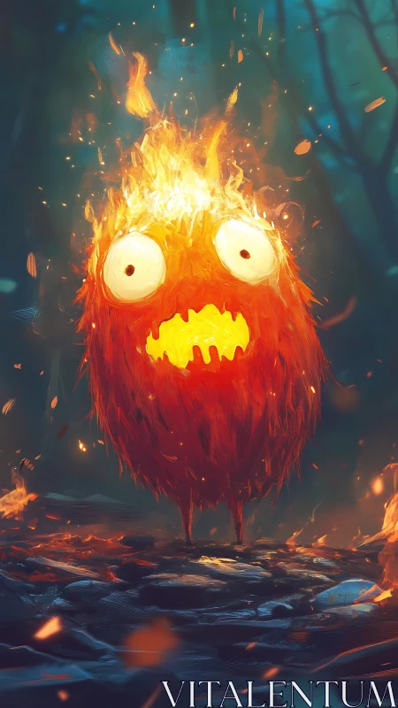 Flaming furry creature with shocked eyes in dark forest