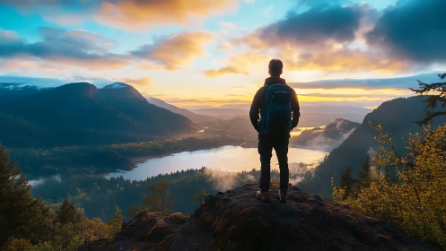 Hiker overlooks misty mountain lake at vivid sunrise.