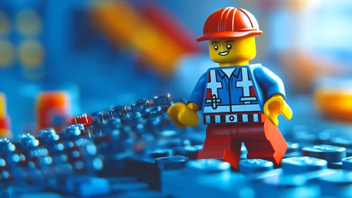 Playful construction worker minifigure in vivid bokeh cityscape.