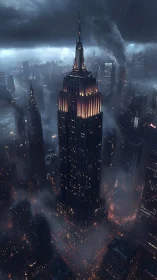 Storm-lit neo-noir skyscraper with volumetric fog and rim lighting
