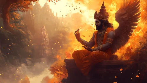 Winged divine figure meditates amid fiery celestial temple.