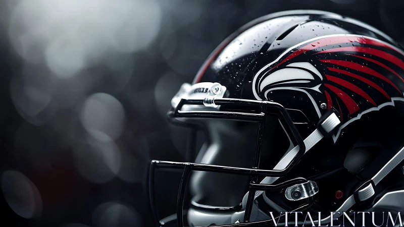 Sleek football helmet gleams with bold hawk logo design.