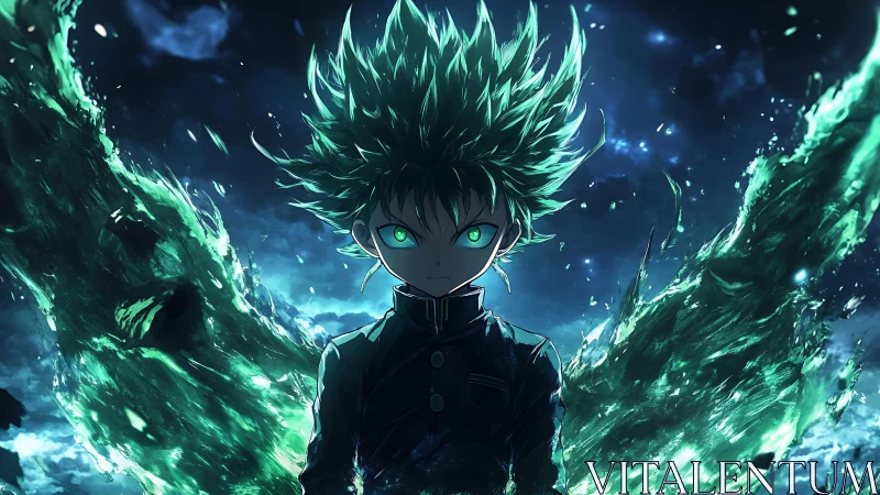 Anime energy avatar with emerald wings in dynamic symmetry.