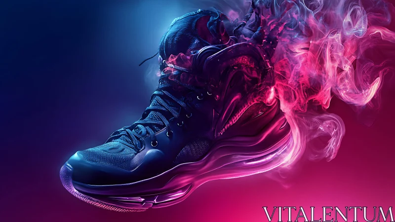 Glowing sneaker floats in neon smoke with bold, electric energy