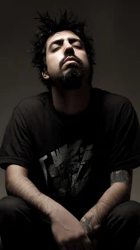 Low-key portrait of seated man with dramatic up-lighting pose.