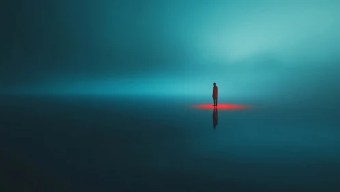 Minimalist digital painting of lone figure in neon mist horizon.