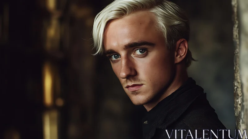 Blond young man portrait in moody low key light closeup.