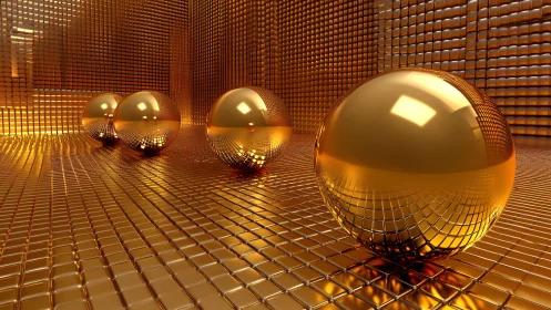 Golden echo chamber where mirrored spheres drift in light.