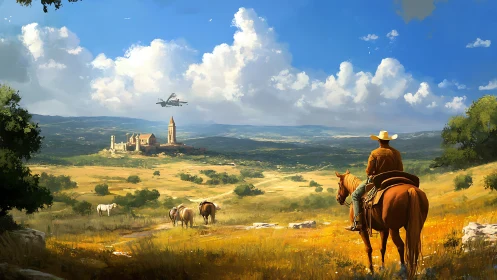 Cowboy watches starship over golden frontier valley.