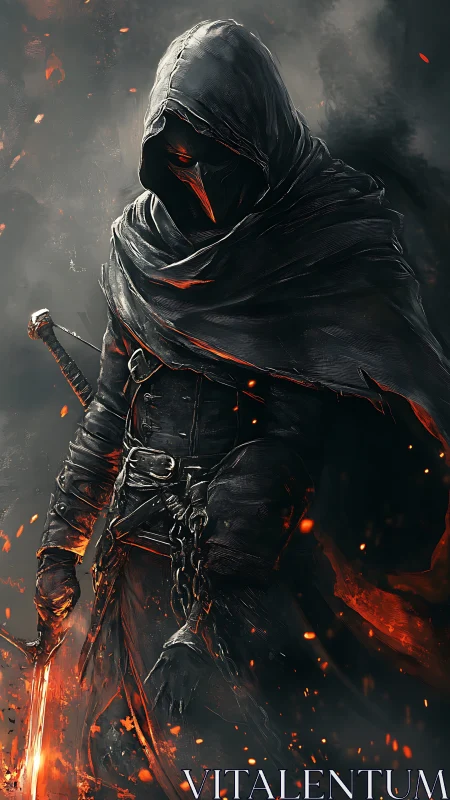 Ashen reaper cloaked in emberlit shadow and burning steel.