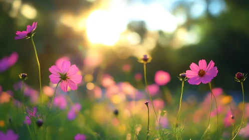 Pink Cosmos Flowers Catch Sunlight in Dreamy Garden