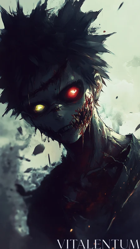 Humanoid figure with glowing eyes and fragmented background.