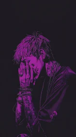 Neon inked loner praying in ultraviolet midnight hush.