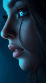 Cyan side-lit female profile rendered in hyperreal detail.