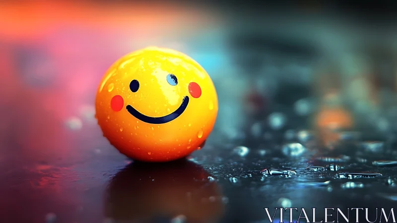 Smiling yellow ball glows against wet pavement in neon light