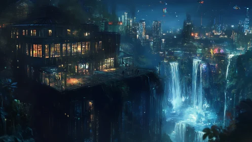 Skyfall terrace over neon canyons and midnight waterfalls.