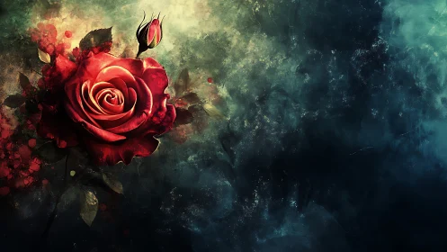 Deep Crimson Rose: Dramatic Digital Garden Against Moody Nebula.