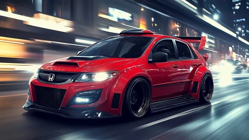 Modified red Honda sedan on illuminated urban highway at night.