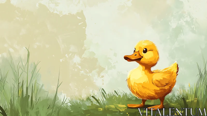 Sunny meadow duckling with wide-eyed wonder and charm.