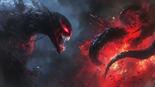 Fiery shadow creature lunges through swirling red chaos.