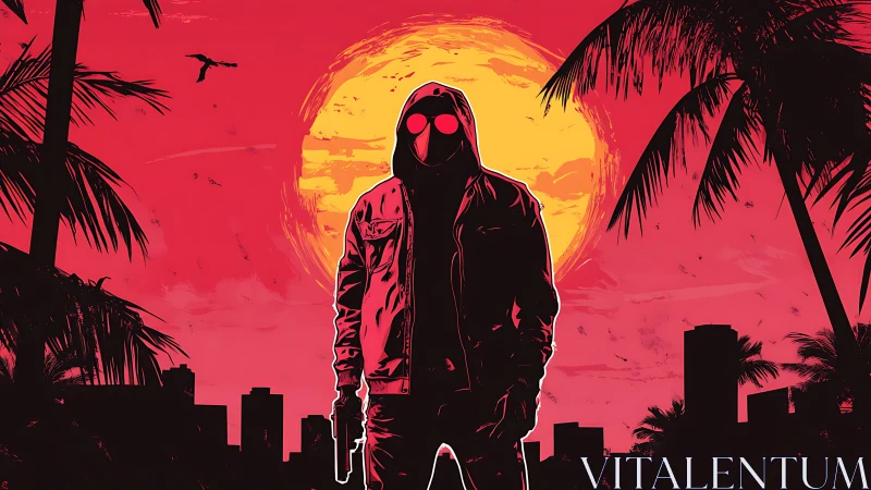 Hooded drifter glows against neon sunset city skyline.