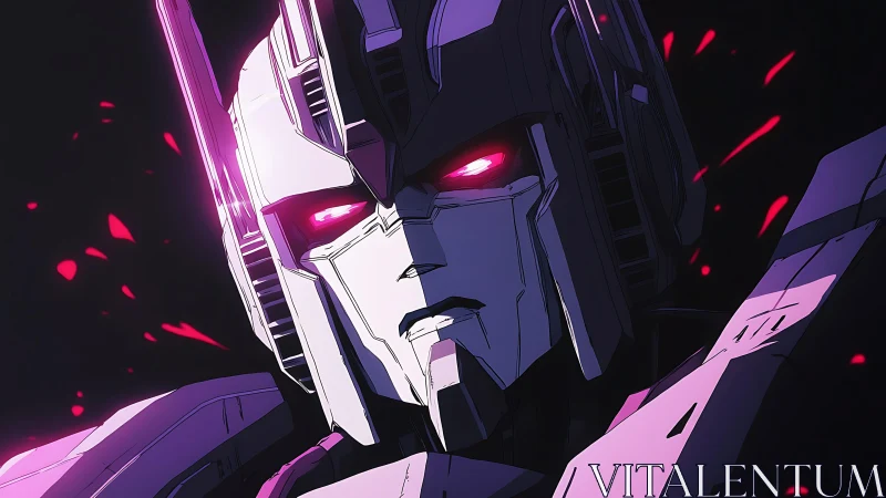 Brooding mecha warrior glowing with intense neon energy.