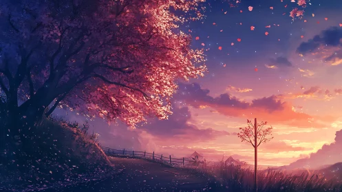 Sunset blossoms drift across a tranquil country road.