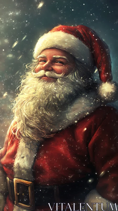 Smiling Santa in softly falling snow spreads cozy cheer.