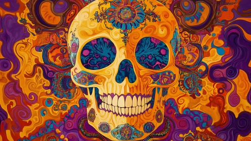 Psychedelic skull portrait with vivid swirling color fields.