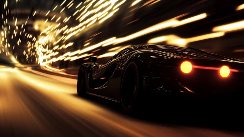 Night tunnel hypercar render with motion blur light trails