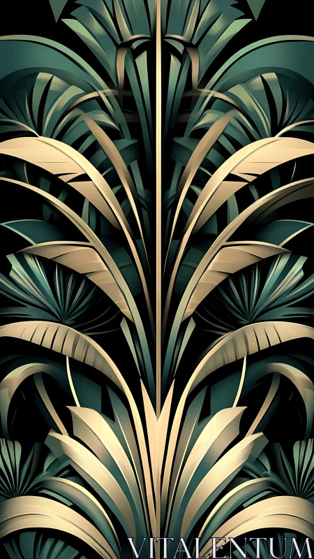 Art Deco botanical symmetry in teal and champagne metallic
