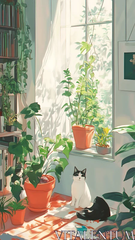 Sunlit indoor garden surrounds calm cat near window
