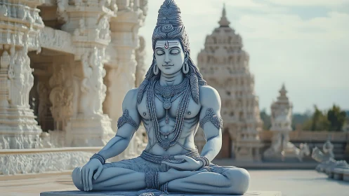 Large seated Shiva statue before ornate temple towers.