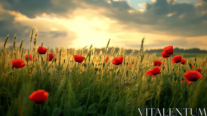 Red poppies and cereal grasses occupy a backlit rural field
