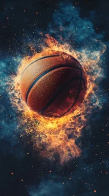 Exploding flaming basketball suspended in cosmic particle field