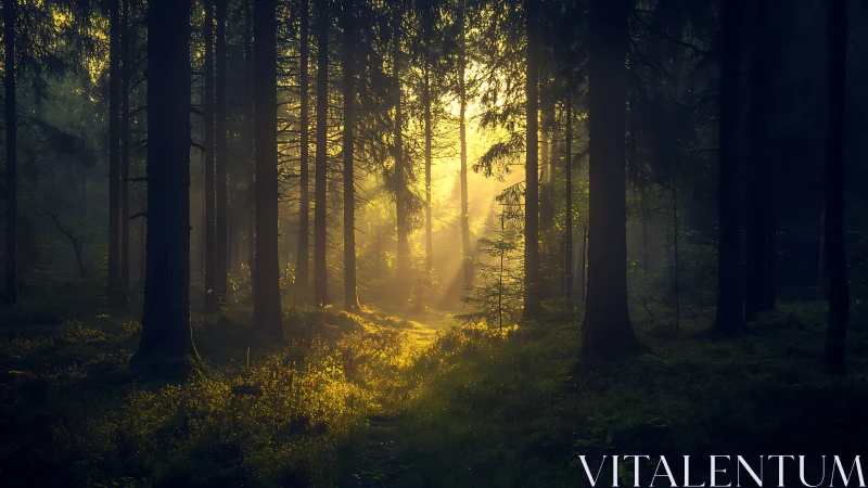 Sunlight Streaming Through Dense Forest in Tranquil Morning Scene.