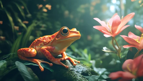 Bright orange frog rests peacefully beside glowing pink flowers