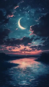 Crescent moon over river at vivid twilight sky horizon.