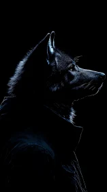 Moonlit wolf in a coat quietly studies the darkness ahead