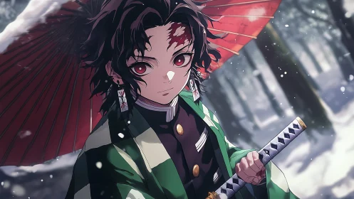 Anime swordsman under red umbrella in snowy forest close-up