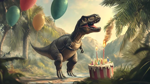 T-Rex dinosaur celebrates birthday with cake and balloons in prehistoric jungle landscape.