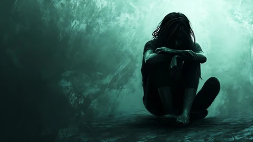 Solitary seated figure in teal atmospheric digital chiaroscuro.